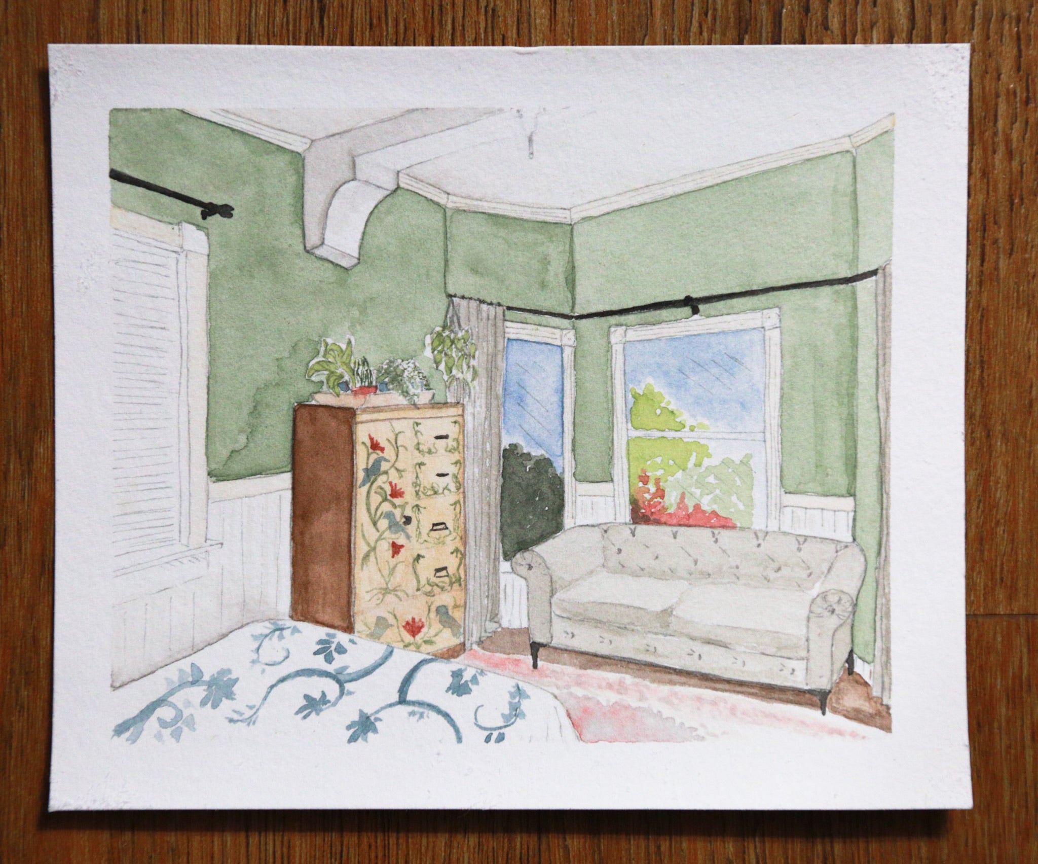 Watercolor Room Portrait of a Bedroom with Family Heirlooms